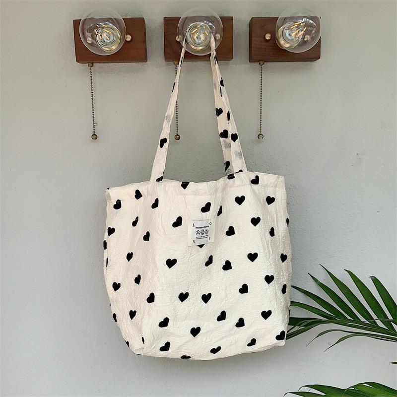 Trendy Canvas Heart Tote Bag Stylish Street Style Shoulder Bag With Large Capacity For Everyday Use