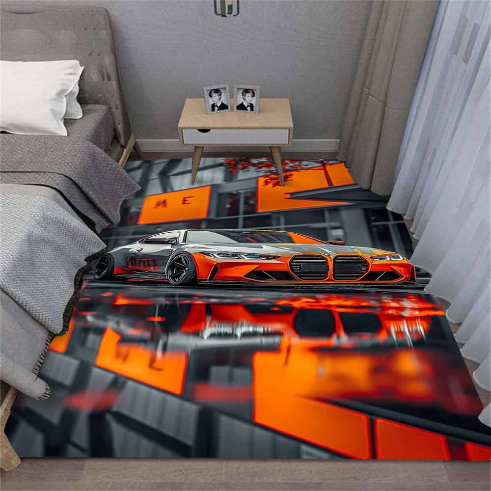 Turuncu Yarış Arabası Halısı Spor Araç Tasarımı Dinamik Desen Geniş Alan Halısı Yatak Odası Oturma Odası Zemin Matı