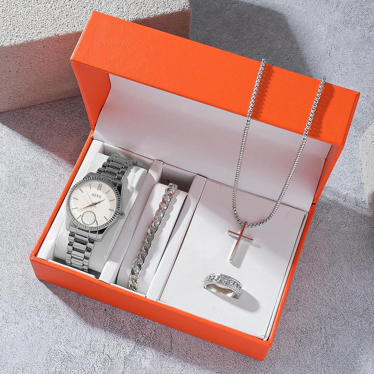 

Fashion and Light Luxury Trendy Round Dial Alloy Material Women s Quartz Watch 4 Piece Set, Suitable for Christmas and Thanksgiv срібний