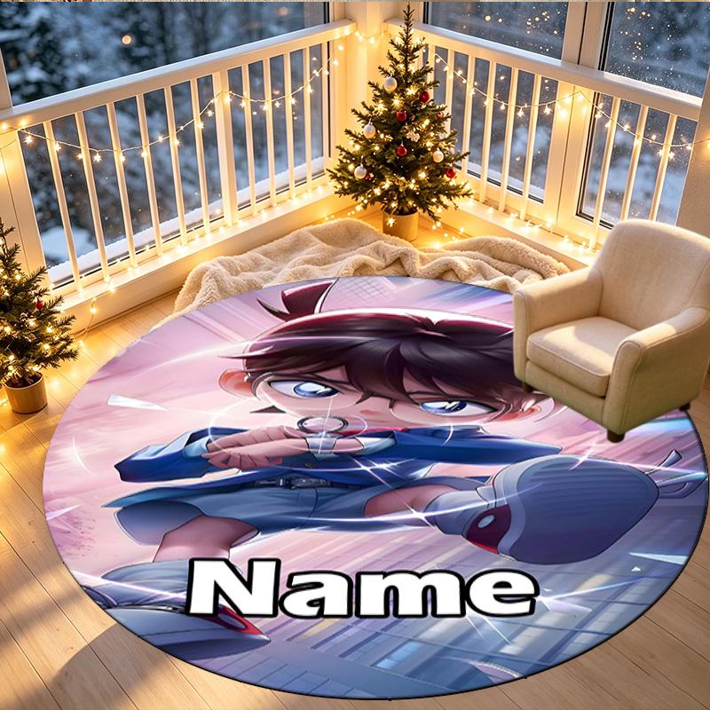 Custom Name Personalized Detective Conan Print Round Rug, Versatile Home Decor Carpet, for Playroom, Apartment, Balcony, Entryway, Hallway Gift