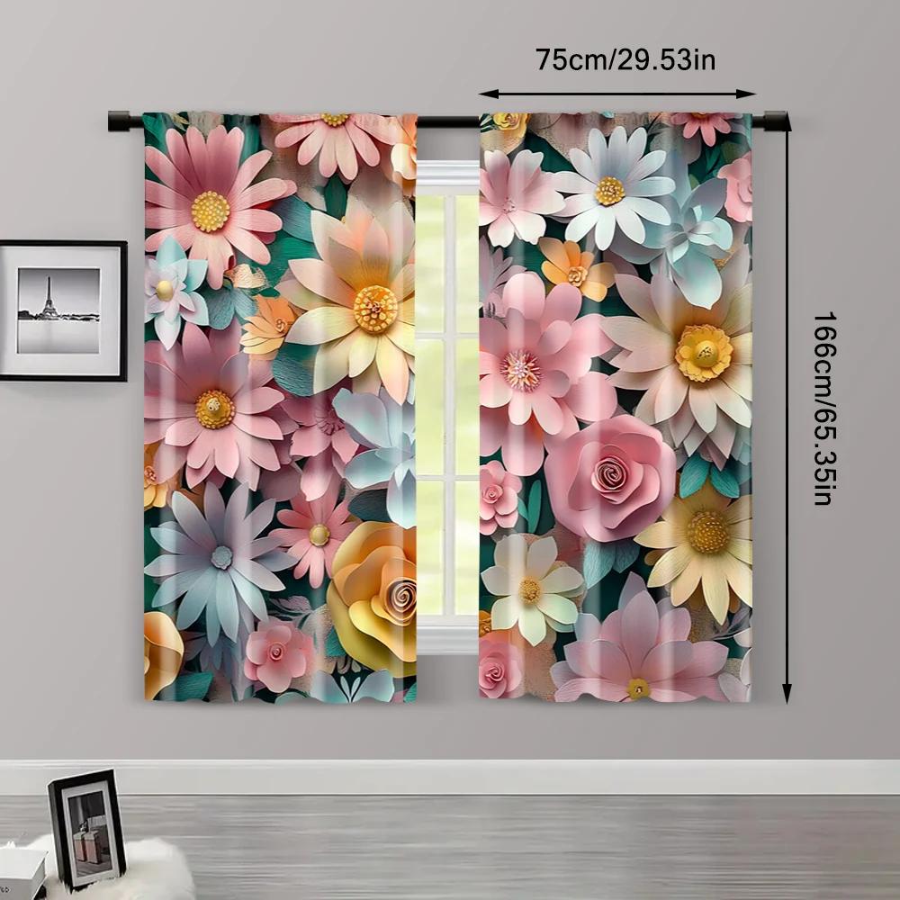 2pcs   Curtains&Drapes  print Beautiful purple and pink flowers Fabric (without rod) Thermal Insulation   and Room Darkening