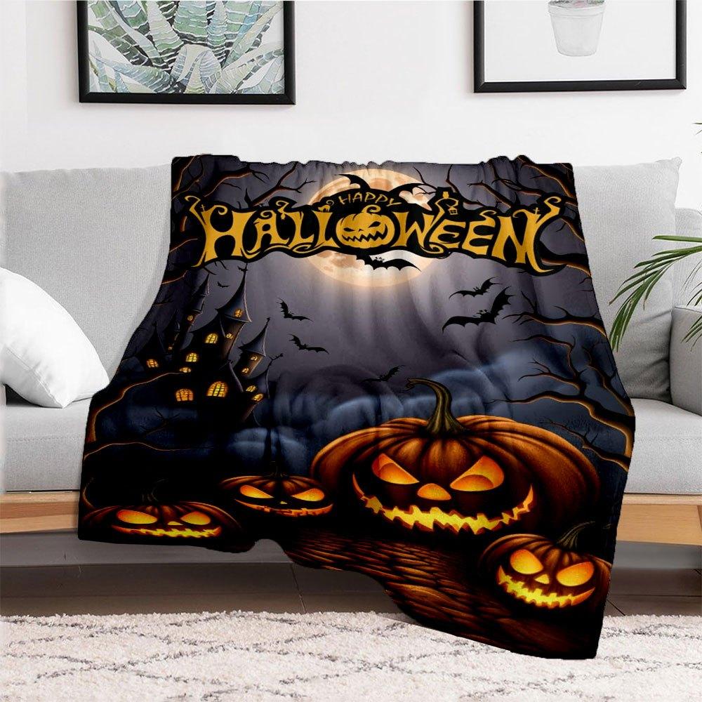 Halloween Party Decorations Pumpkin Lanterns with Moon and BatsBlanket Flannel Throw Blanket for Sofa, Bed, Travel, Camping, Office