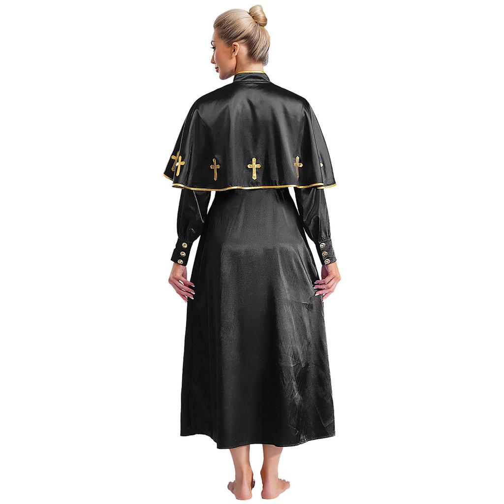 Womens Metallic Trim Church Choir Robe Stand Collar Long Sleeve Button Loose Dress