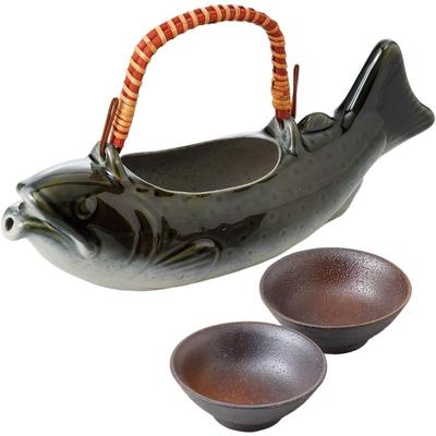 Sake Tokkuri and Ochoko W28 X D8 X H10cm Fuga Iwana Bone Sake Mino Ware Made In Japan Ale-net Set, (Small) Set, (550cc), (Iwana) (Small), Pair,