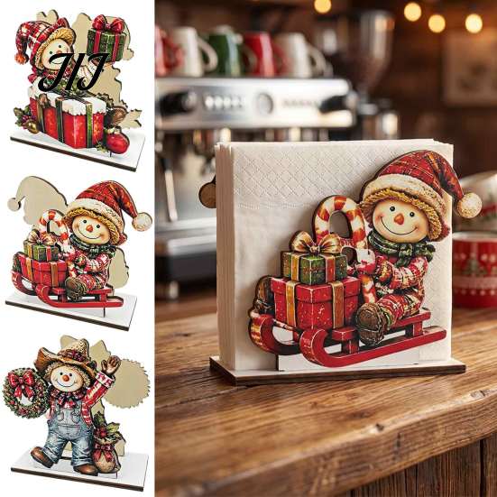 Solid Wood Tissue Dispenser Snowman Napkin Holder for Dining Table, Vertical Christmas Table Dispenser, Storage Holiday Home Decor Wooden Organizer