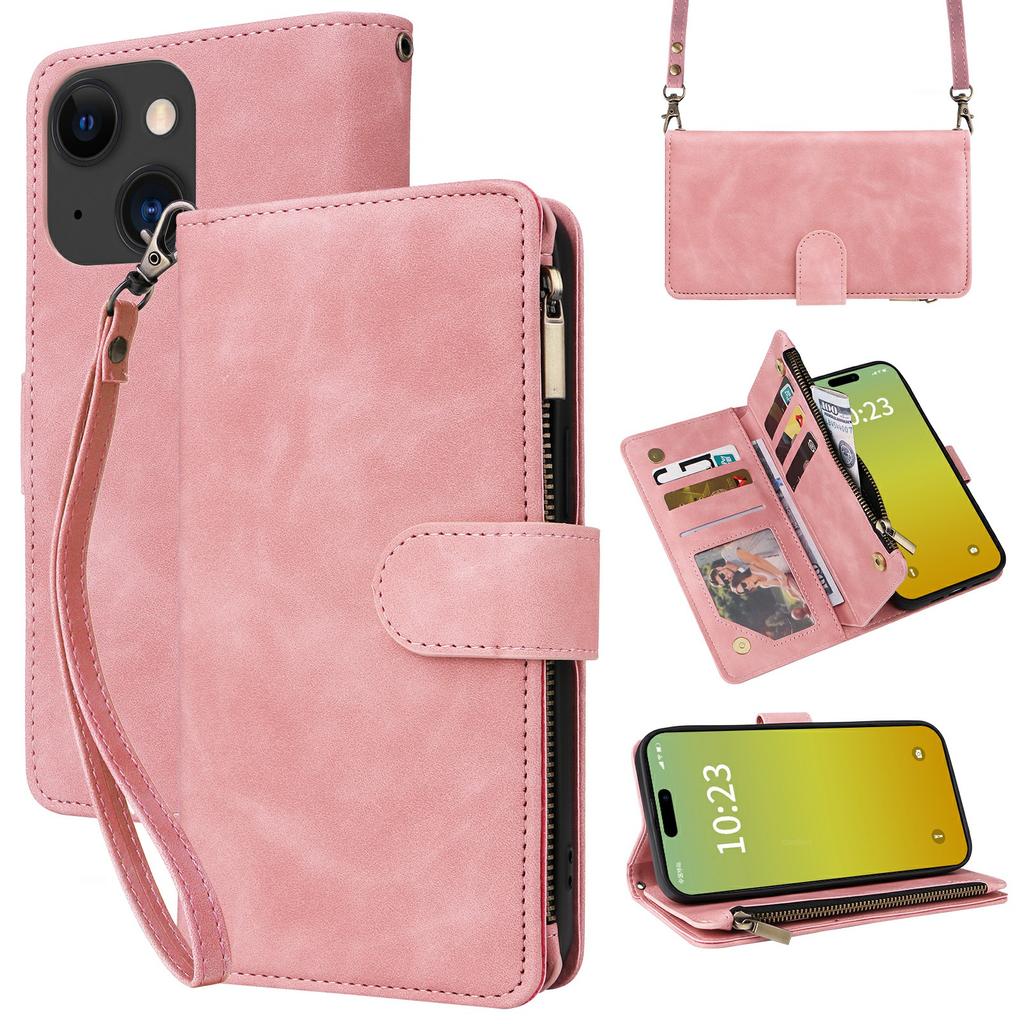 For iPhone 15 Plus Case Zipper Multi-Pocket Wallet Leather Phone Cover with Shoulder and Wrist Straps