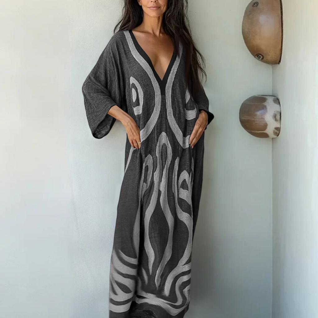 Women V Neck Bohemian Print Kaftan Dress Loose Fit Maxi Robe for Beach Holiday Home Relaxation Casual Wear