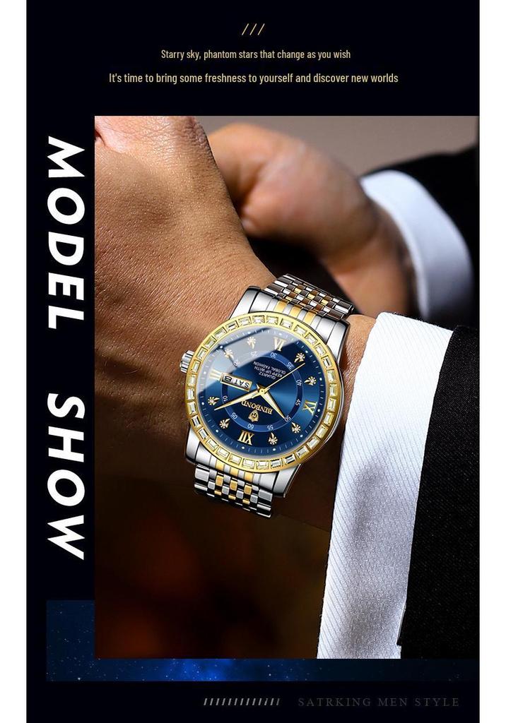 Men's Genuine Diamond-Inlaid Mechanical Watch – Trendy, Waterproof, Double Calendar, Luminous Quartz.