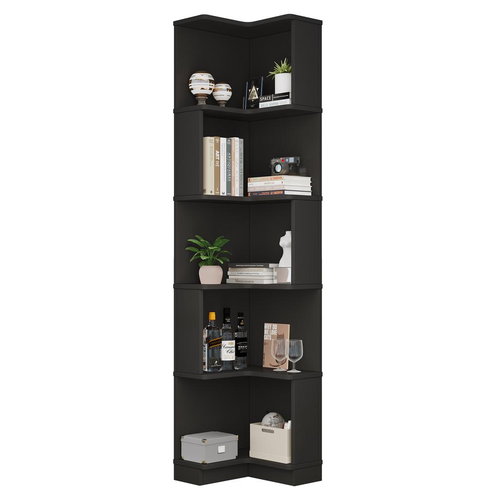 63.5 x 45 x 175cm Corner Bookshelf, Multifunctional, L-Shaped, LED Color-Changing Light Strip, App Control, Five-Tier Storage, Black