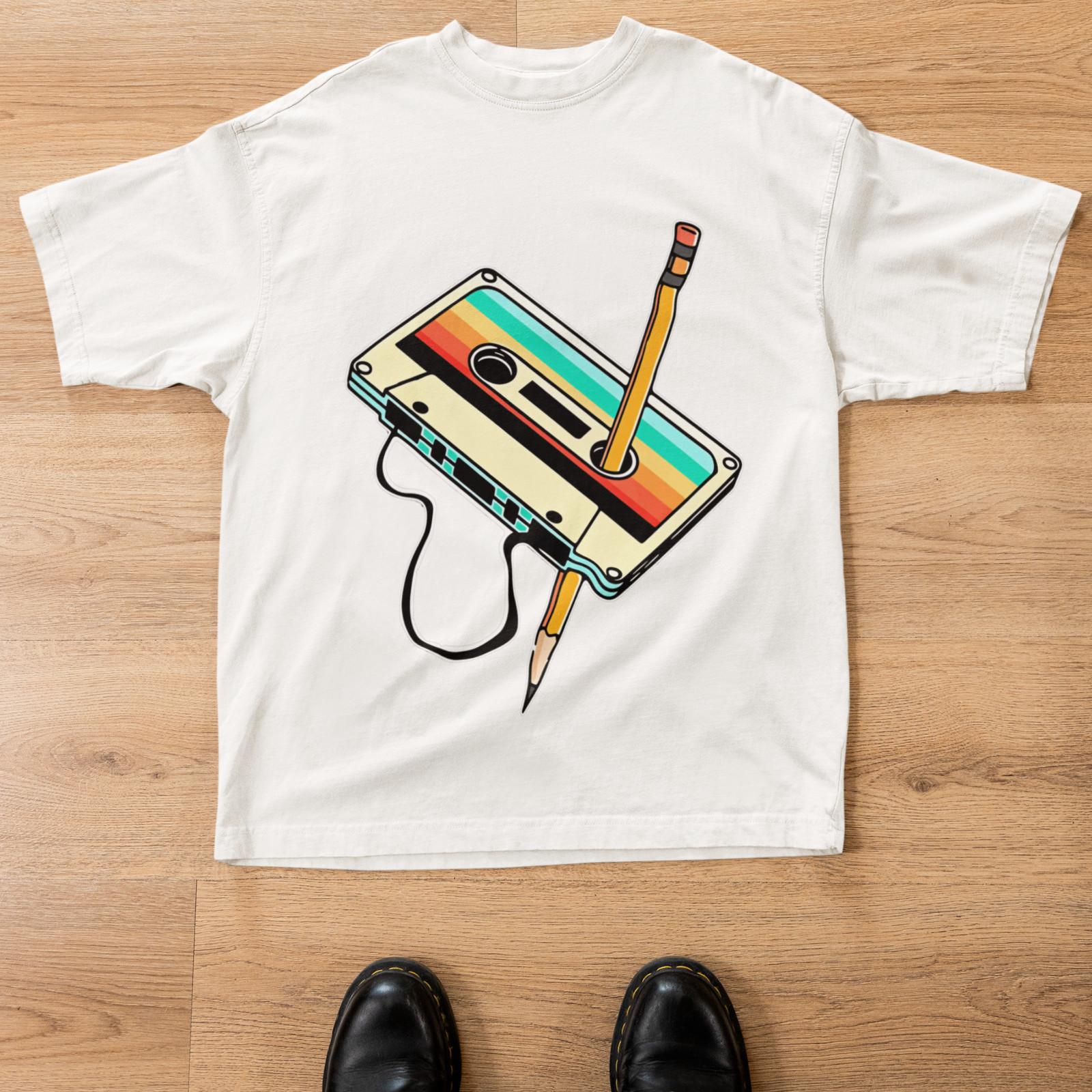 Retro Cassette Pencil Shirt Vintage 80s Tape Back To School Tee Unisex L