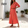Soft Fabric Dress Women's Summer Button Down Long Dress, Casual Loose V Versatile Women Neck Tunic Roll Up Sleeve Vacation Lounge Outfits Lightweight