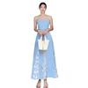 Seaside vacation tube top suspender dress new unique and beautiful blue grid splicing lace dress women's summer