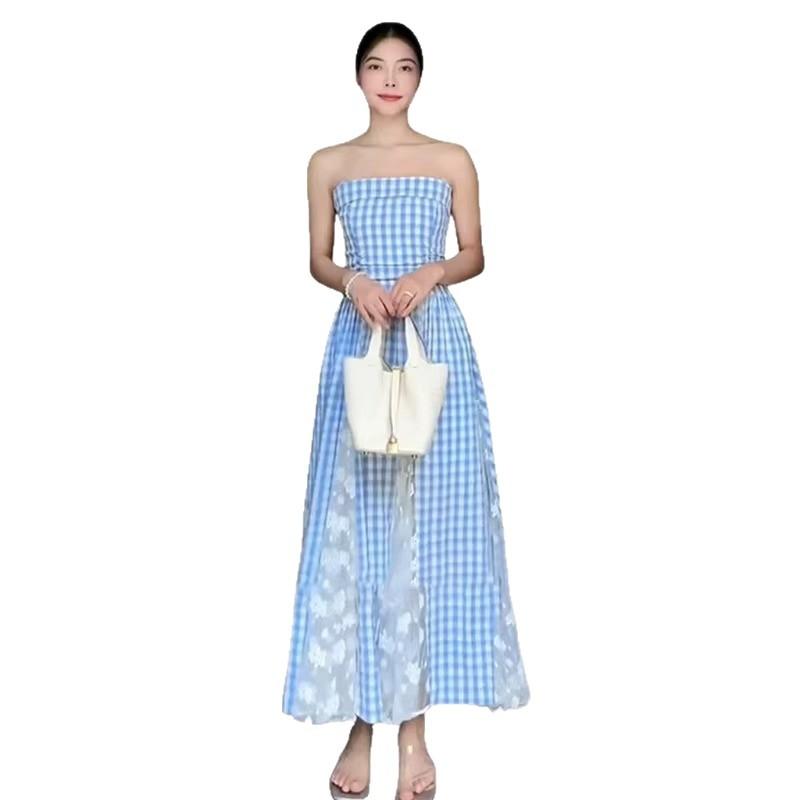 Seaside vacation tube top suspender dress new unique and beautiful blue grid splicing lace dress women's summer
