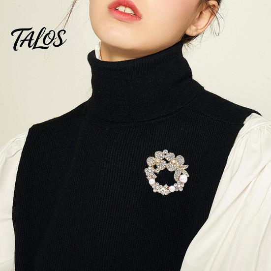 Retro Jewelry Pin Vintage Rhinestone Wreath Brooch, Flower Garland Lapel with Faux Casual Wear Brooch Pearls, Women Clothing Accessory for Dress Coats