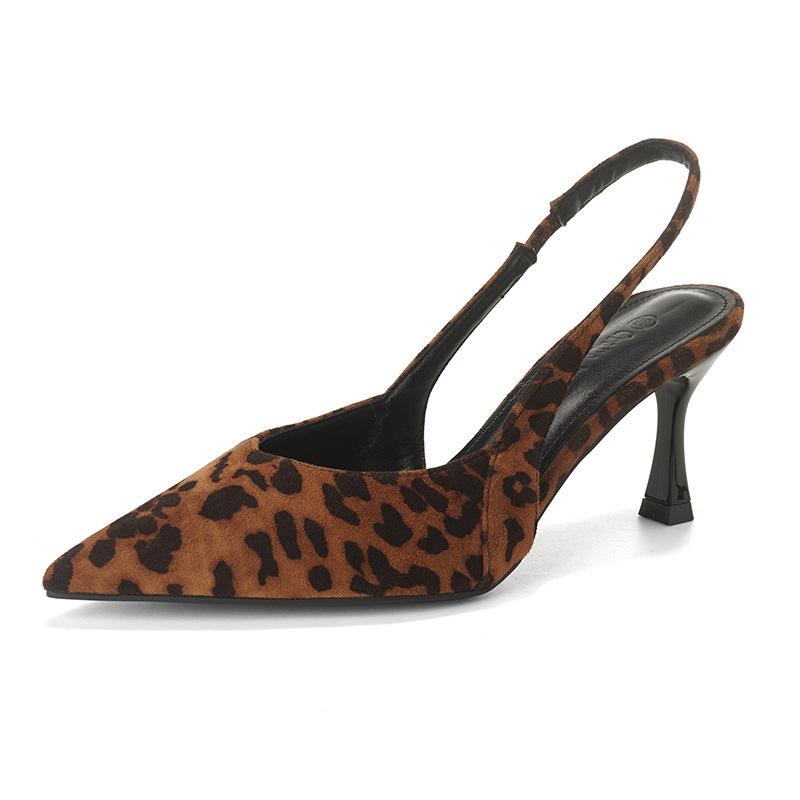 Sheepskin Version Retro Leopard Print Bag Head Sandals Women's Thin Heel Shallow Mouth Empty Single Shoes Style Temperament Pointed High Heels