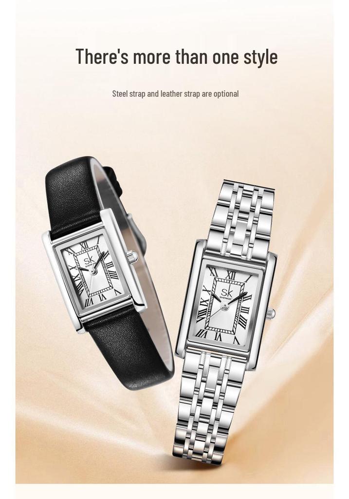 SK Women's Retro Quartz Watch with Genuine Leather Strap - Waterproof, Versatile, Small Square Dial