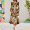 Women Plus Size V Neck Long Sleeve Colorful Printed A Line Midi Dress With Pockets