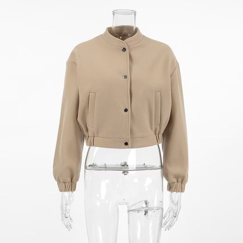 

Мода в западном стиле, толстая куртка с маленьким воротником-стойкой, шерстяная куртка, короткая куртка одинарного варения Khaki L