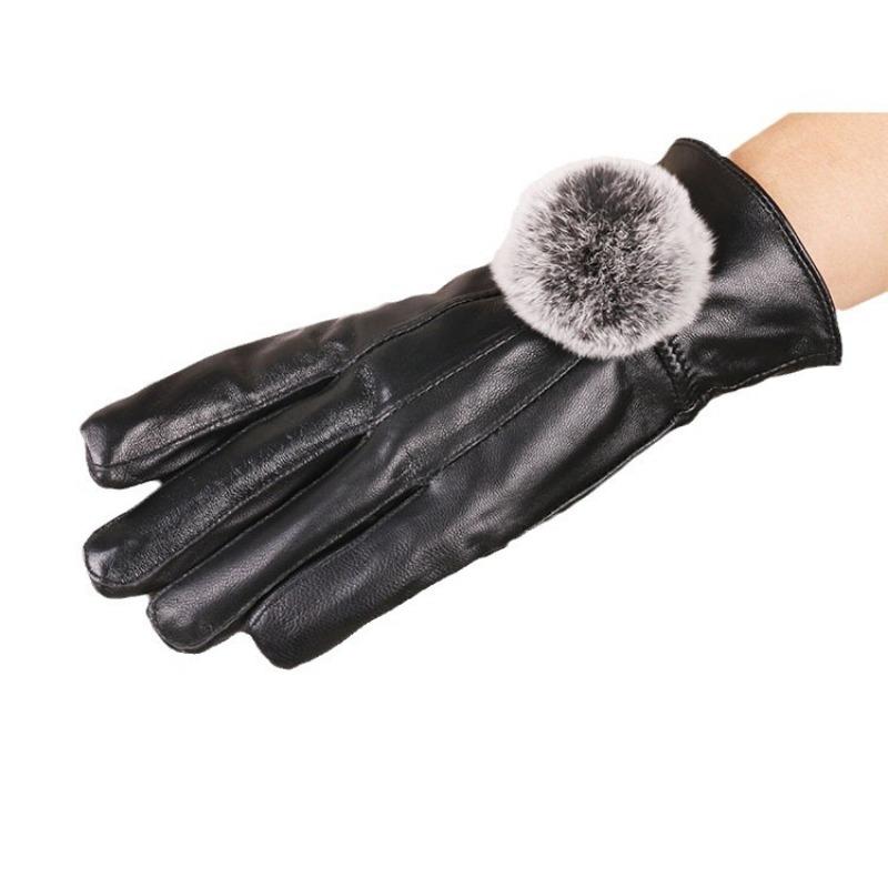 New Autumn and Winter Women's Sheepskin Gloves, Velvet Warm Leather Rex Rabbit Hairball Riding and Driving Leather Gloves