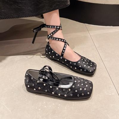 Ballerinas Eckige Zehenpartie Strasskristall-Dekor Riemen Sommer Elegant Kleid Schwarz Weiß Schnürung 2024 Damenschuhe