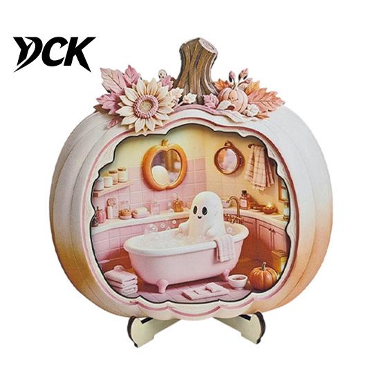 Cute Pastel Pumpkin Ornament Halloween Ghost Wooden Plaque, 2D Flat Tabletop Sign, Handmade Sign Spooky Bathing Reading for Home Office Mantel