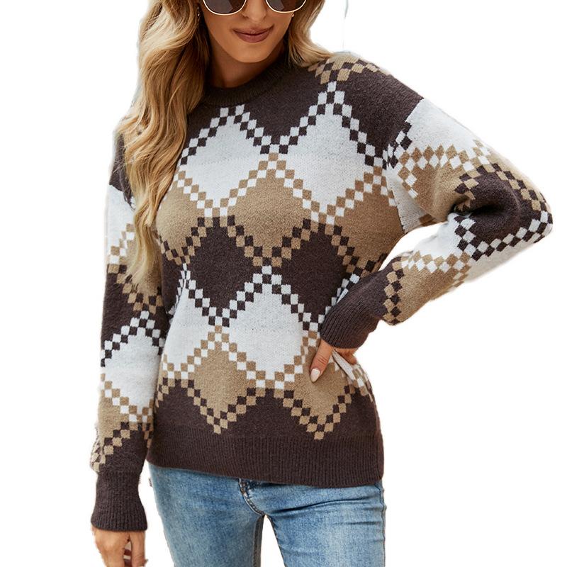 New Autumn and Winter European and American Diamond Knitted Sweater Contrast Color Round Neck Sweater Women's Top