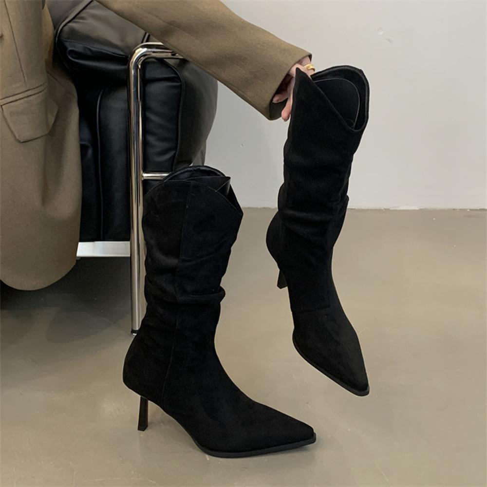 Fashion Pointed Toe Women Mid Calf Boots Chelsea Botas Thin High Heels 2024 New Arrivals Black Beige Brown Party Pumps Shoes Woman 35-39