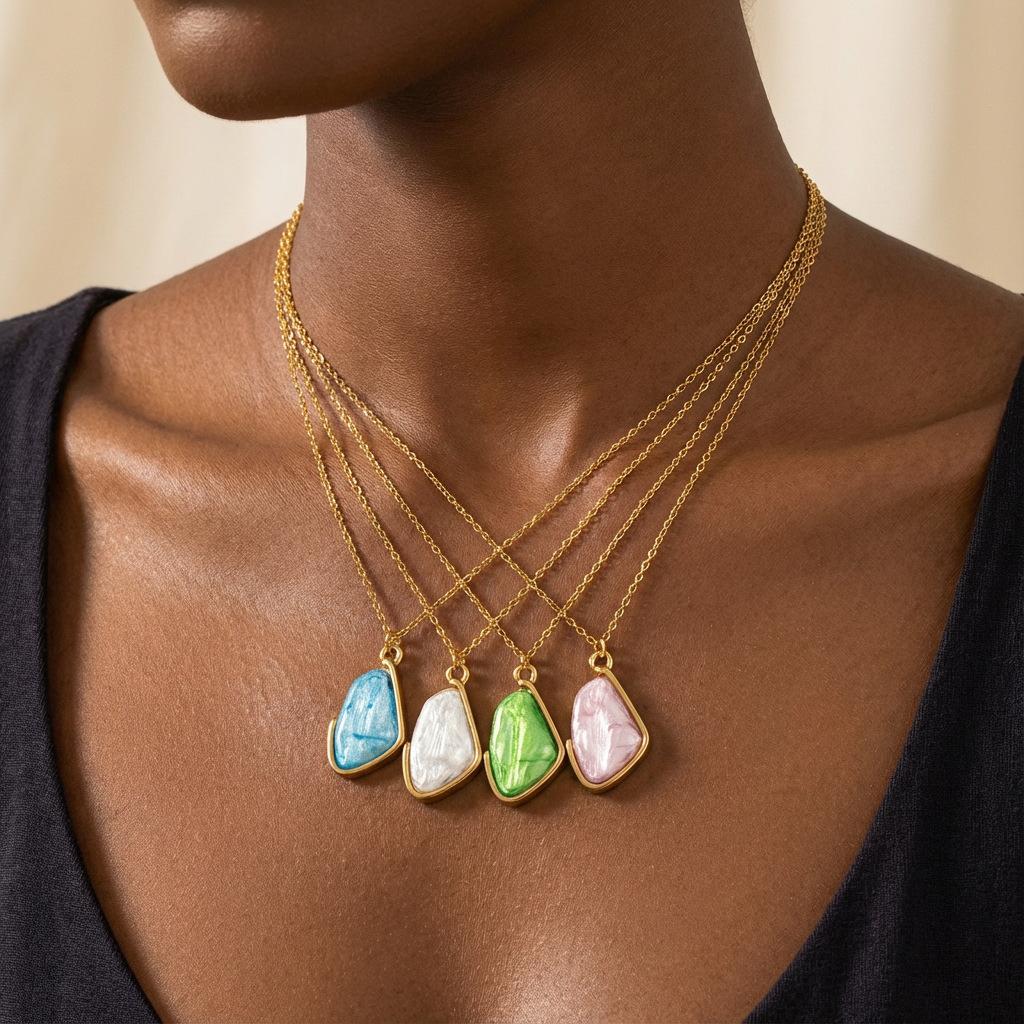 Irregular Notched Geometric Fresh Green Pendant Necklace Clavicle Chain Female, Titanium Steel Plated 18K Gold Pendant