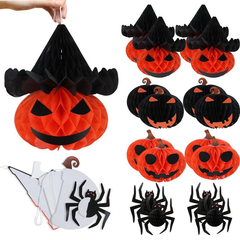 8Pcs/set Halloween Party Decoration Honeycomb Ball Hanging 3D Spider Pumpkin Paper Lantern Crafts for Home Indoor Outdoor Decor