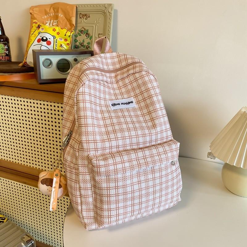 

Checkered Letter Pattern Student Casual Backpack With Plush Pendant For Casual Travel