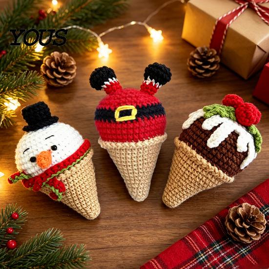 Cute Desktop Decorations for Office Handmade Crochet Christmas Ornament, Ice Cream Theme Decor, Holiday Warmth Gifts Yarn Figurine Home Decoration
