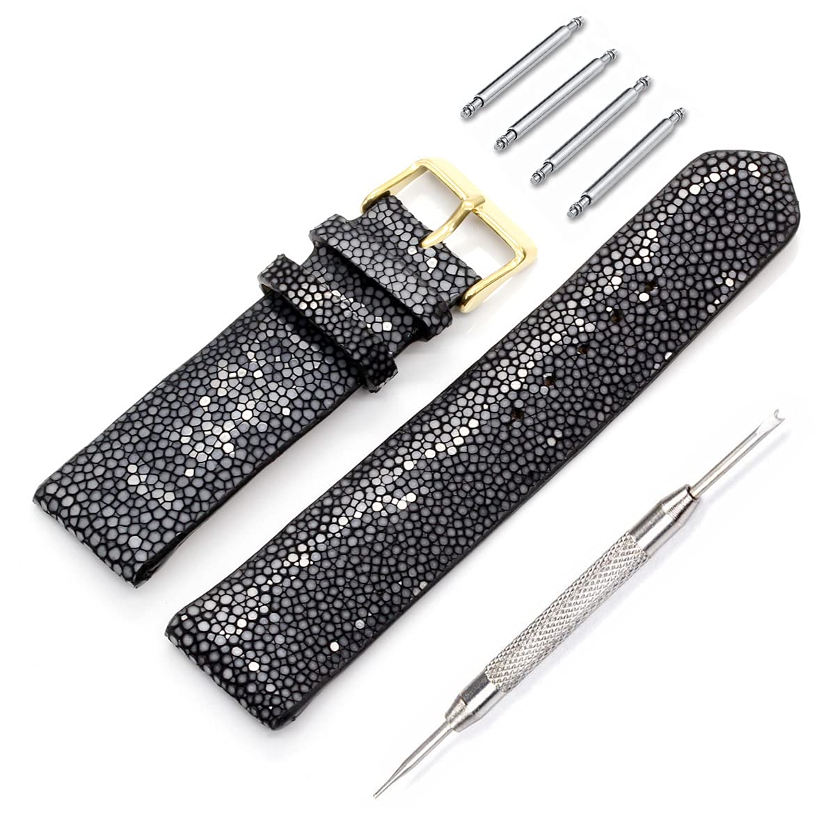 

Часы Revetta из кожи ската, золотые, с инструментом для снятия пружинных стержней, ремешок, черный, пряжка, 24 мм, стержни, [089-1stbg24] чёрный