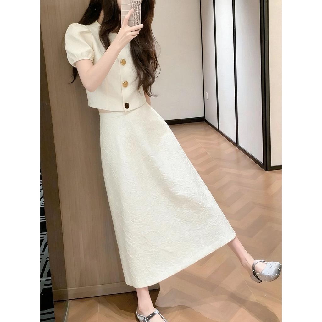 Rich daughter Xiaoxiangfeng suit summer knee dress women's white top high waist skirt two-piece skirt