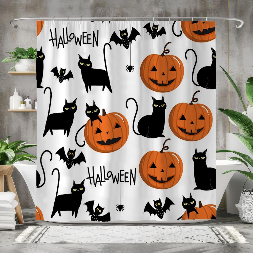 Halloween Shower Curtain Set - Pumpkin Cat Bat Spider Design, Includes Toilet Lid Cover & Bath Mats, 180X180Cm, 12 Hooks