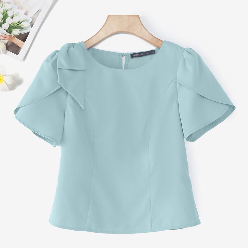 

ZANZEA Женская повседневная блузка с круглым вырезом, однотонная, с коротким рукавом L синий