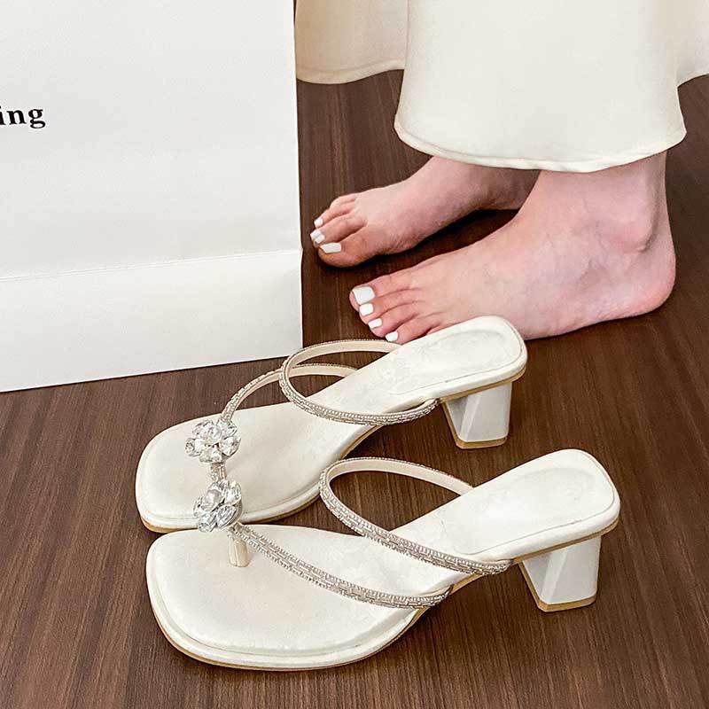 Rhinestone cool slippers French thick heel beautiful high heel sandals with skirt slippers women's summer wear 2025 new summer