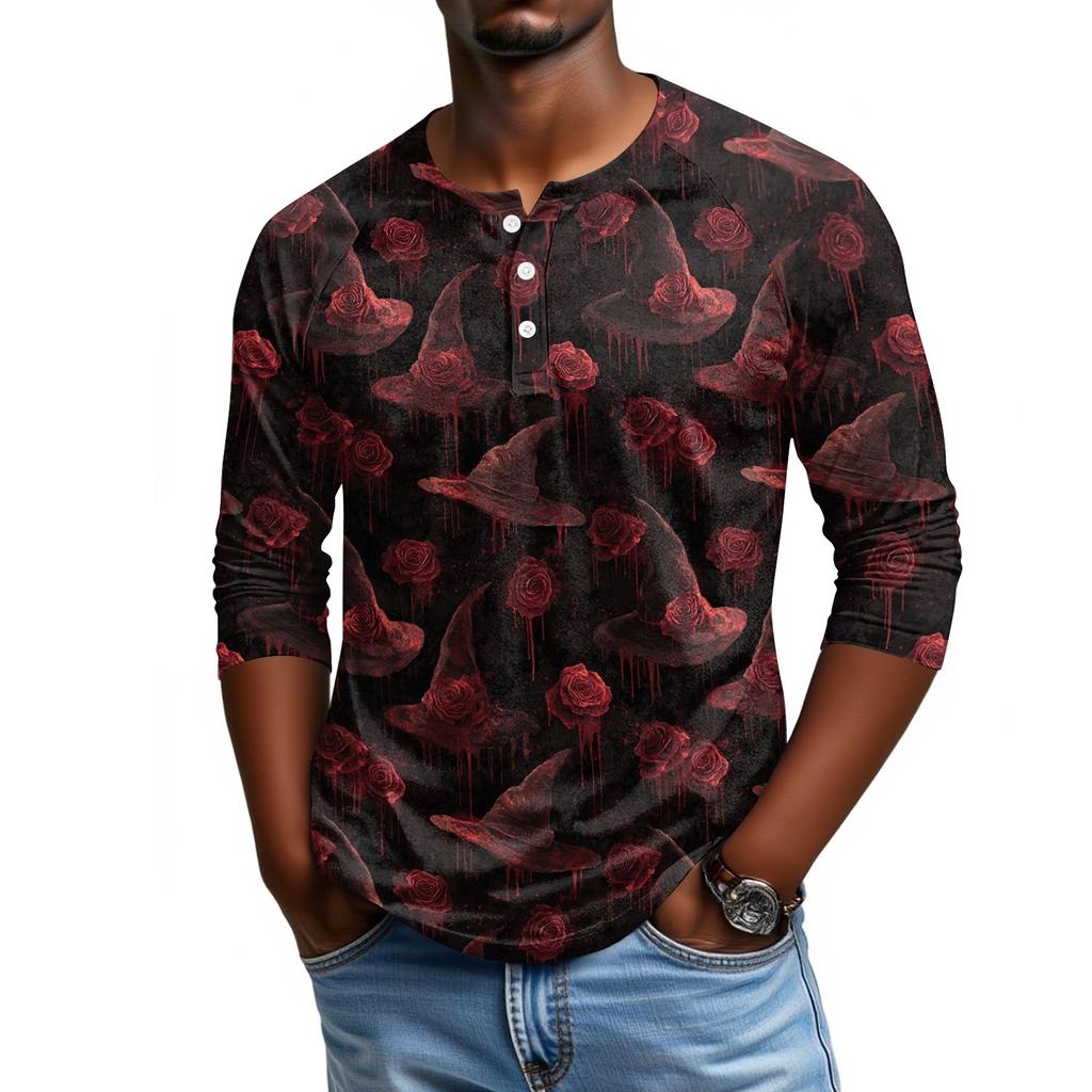 Men's Casual Halloween Print Henley Shirt Raglan Three Quarter Sleeve Top Comfortable Fit Lightweight Fabric