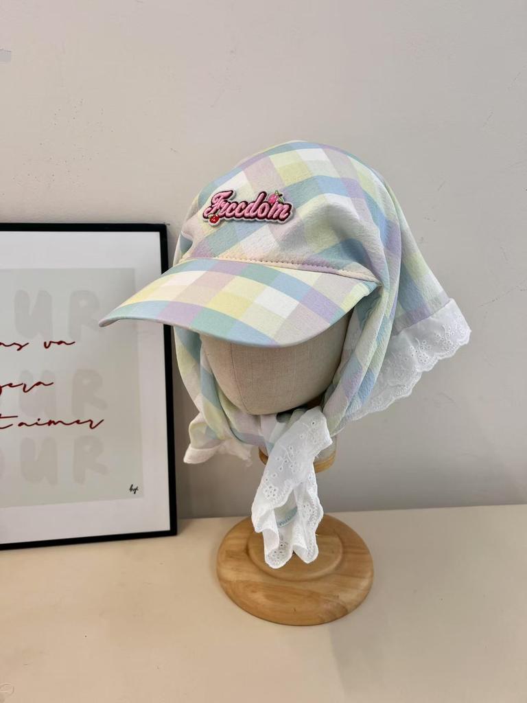 Color plaid small fresh headgear spring and summer anti-ultraviolet large head circumference shows the face small headscarf hat fashionable