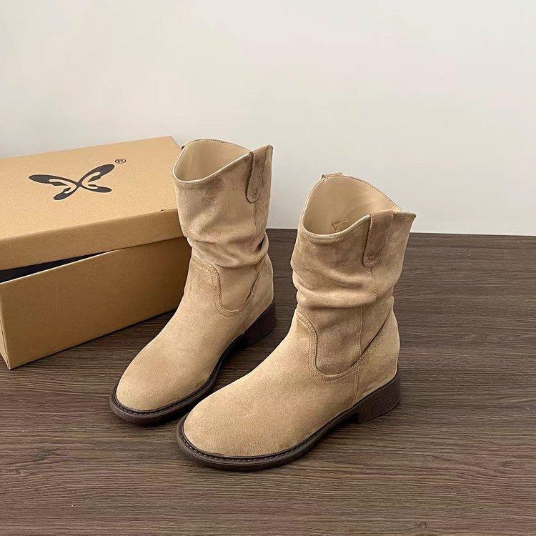 Short Boots Children's Coarse Heel Medium Tube Pile Boots Women's Summer New Autumn Maillard Western Cowboy Martin Boots
