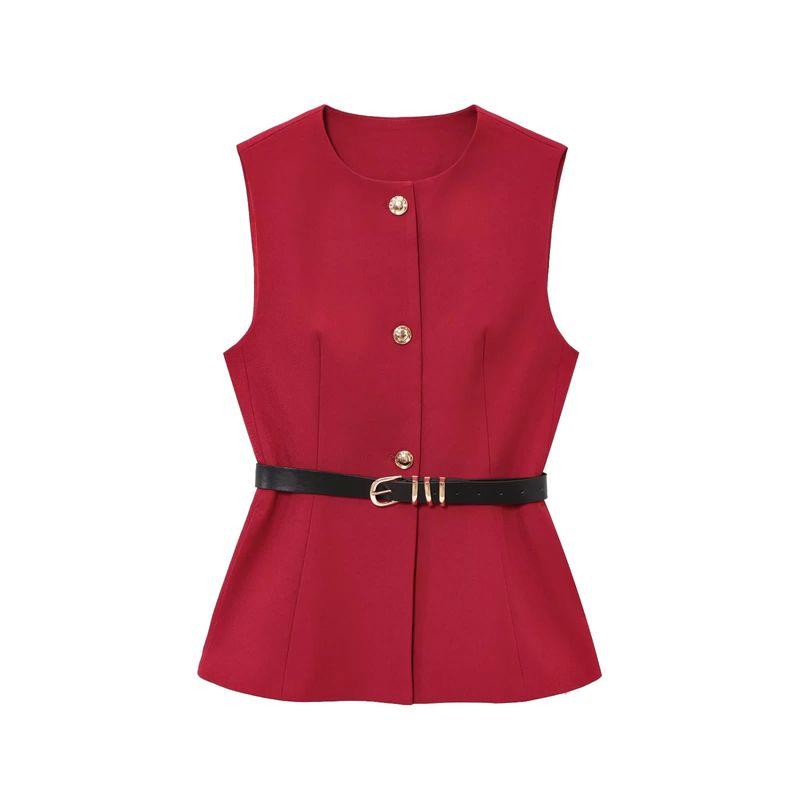 Fall and Winter New Women's Clothing Fashion Style Belt Minimalist Sleeveless O-neck Short Vest Jacket 9300525