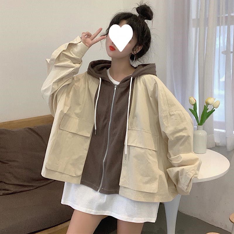 2025 New Women's Korean Style Hooded Retro Patchwork Jacket - Spring/Autumn, Loose Fit, Short, Student Workwear Style