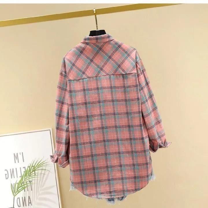 Women's Spring Autumn Large Size Long Sleeve Shirts Female Vintage Loose Plaid Coats Turn Down Collar Button Tops Blouses