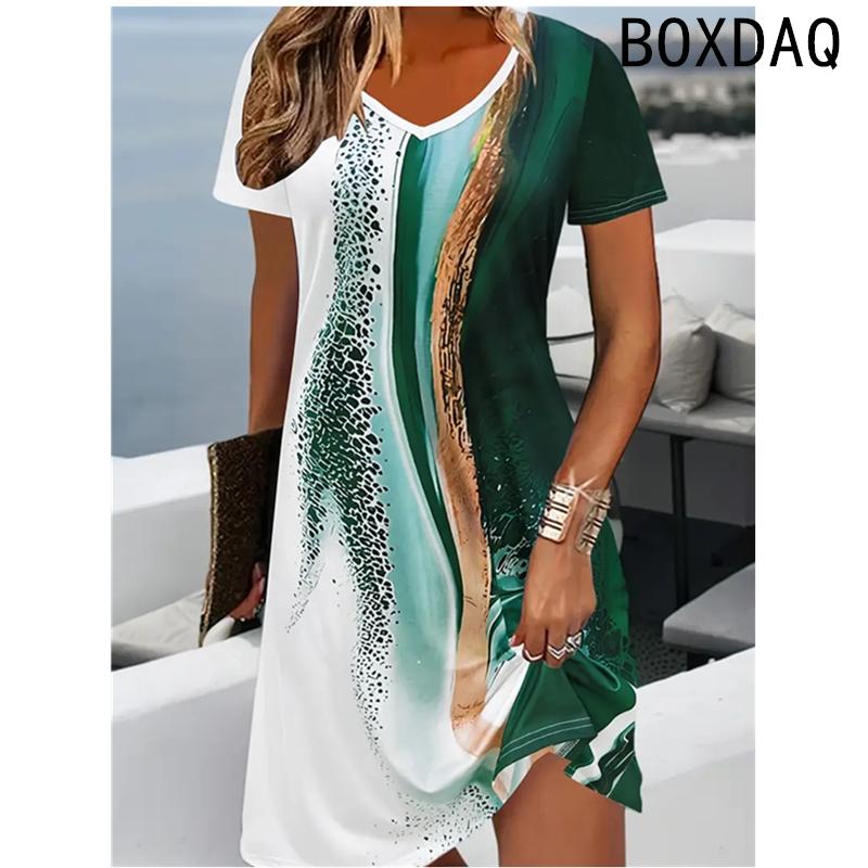 Women Dress Summer Short Sleeve O-Neck Casual Loose A-Line Dress Big Size 3D Striped Printing Elegant Vintage Dresses