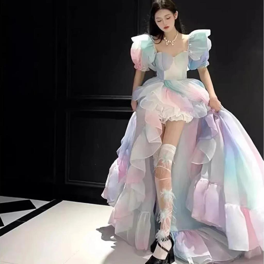 Gradient Color Translucent Yarn Fabric Children's Day Party Background Decoration Runway Show Dress Originality Fashion Cloth