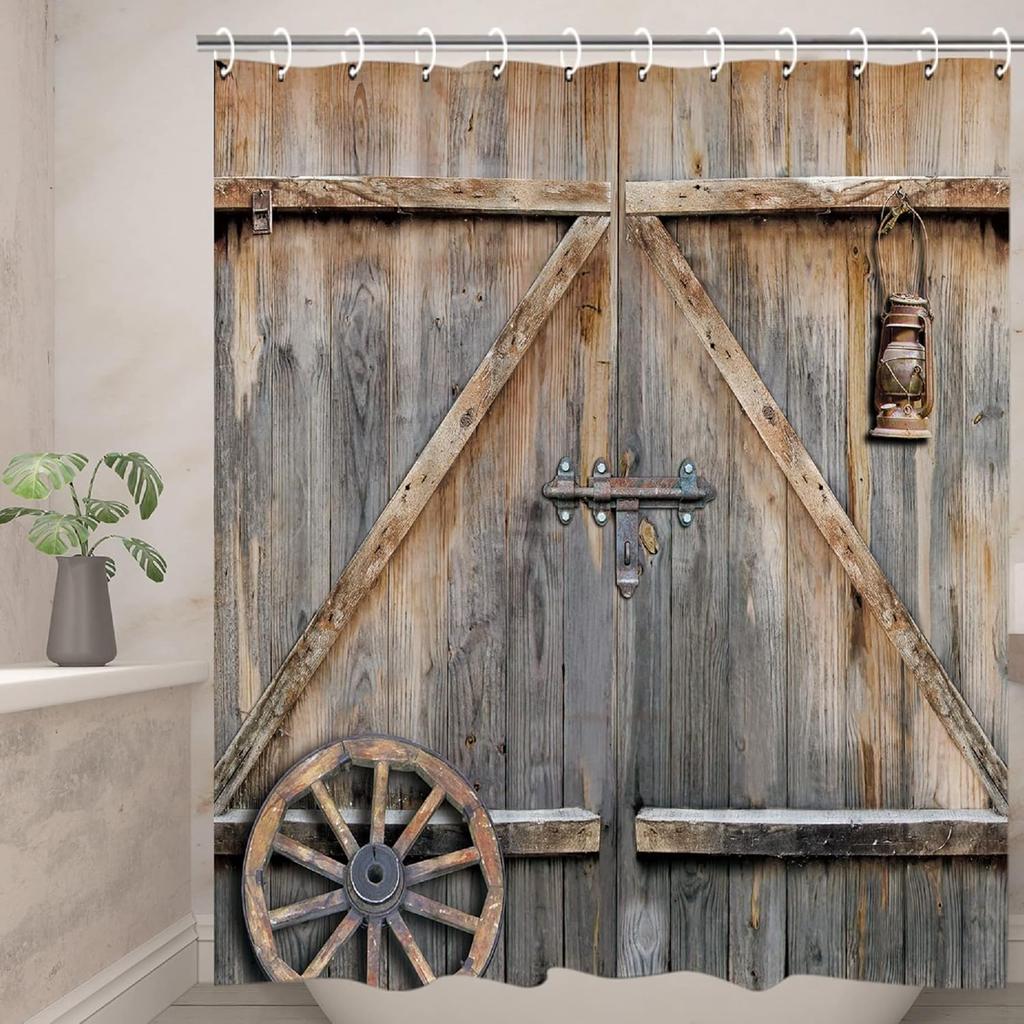 Farmhouse Barn Door Shower Curtain - Rustic Wood Plank Design 71x71 Inch, Waterproof Country Bathroom Decor with Hooks