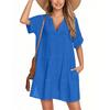 Women's Fashion Smock Casual Short-sleeved V-neck T-shirt Dress Holiday Beach Dress