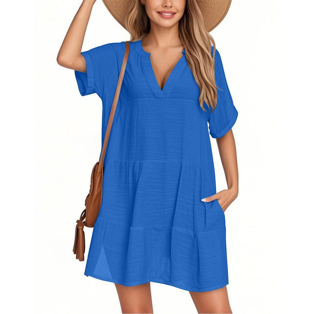 Women's Fashion Smock Casual Short-sleeved V-neck T-shirt Dress Holiday Beach Dress