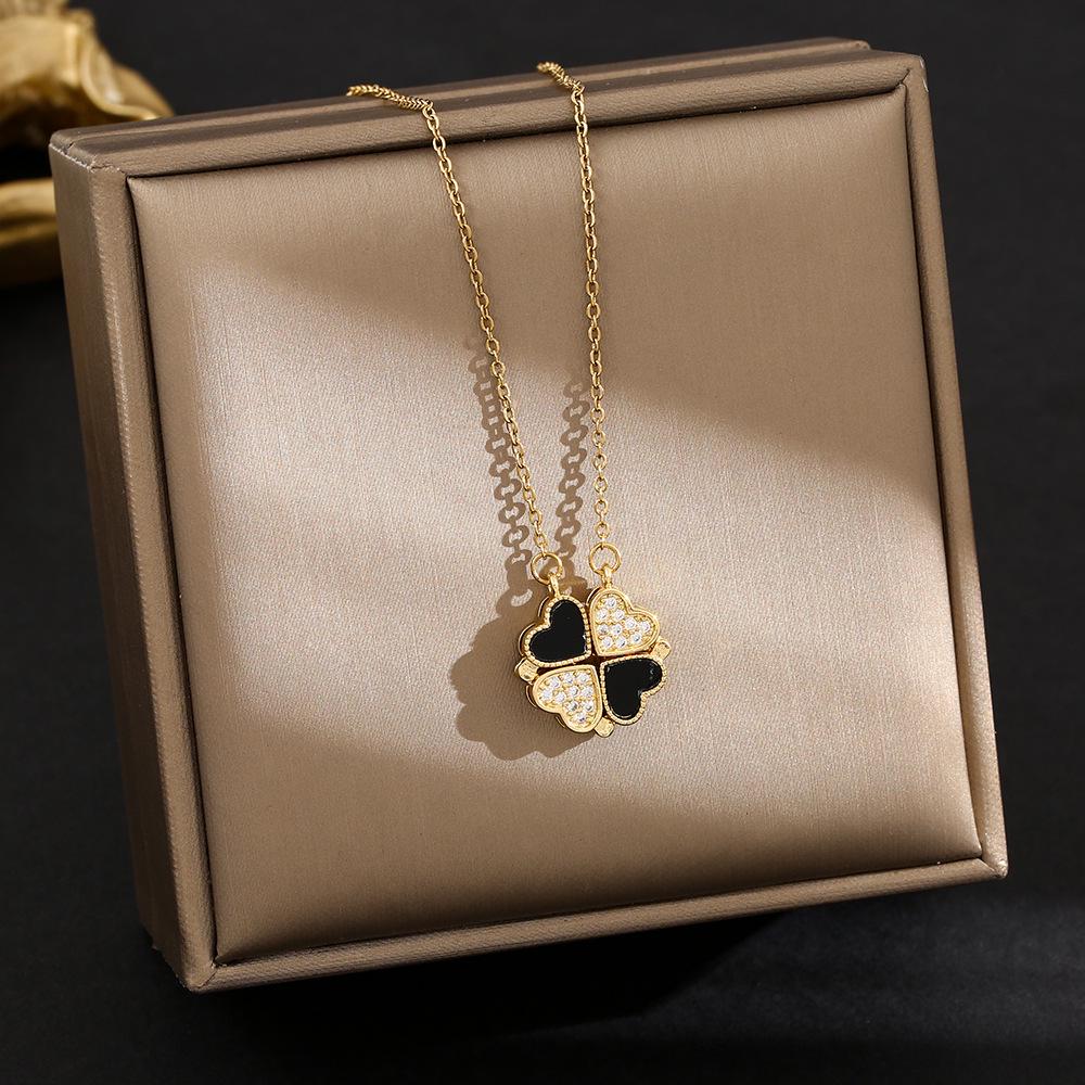 Elegant Gold-Plated Chinese-Style Four-Leaf Clover Necklace with Imitation Hetian Jade Pendant for Women