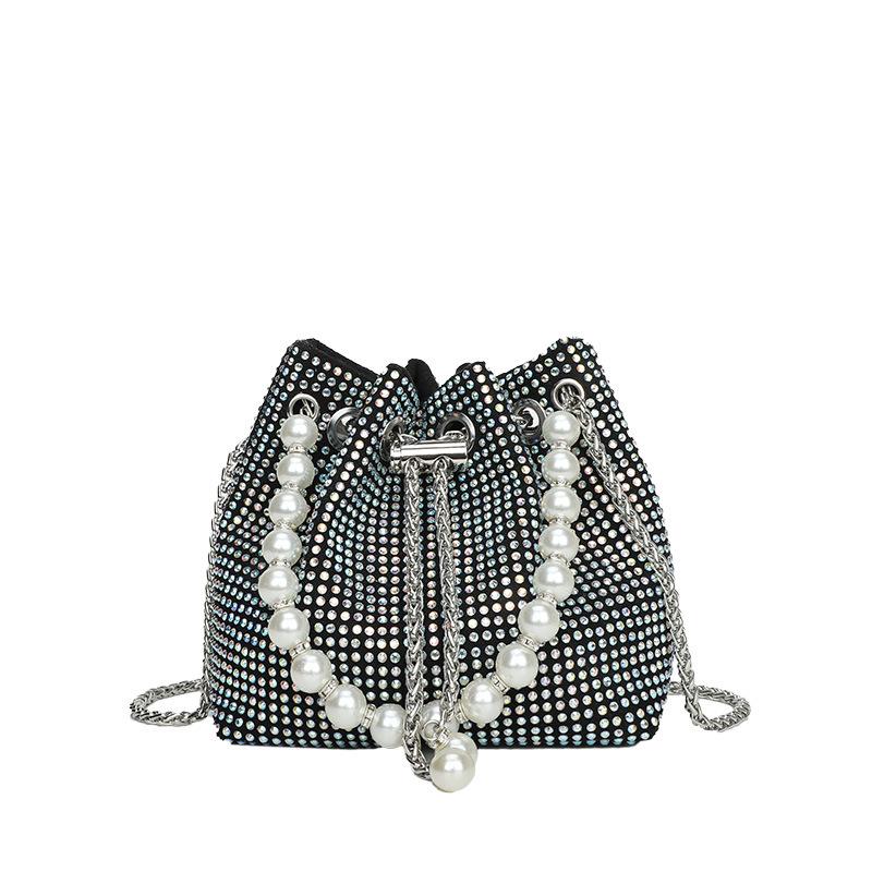 Pearl Handbag, Women's Fashionable Bright Diamond Shoulder Bag, Net Red, Foreign Style Chain, Cross Body Bucket Bag