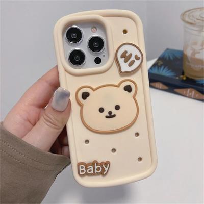 Korean Cute 3D Bear Coffee Phone Case For iPhone 15 14 Pro Mac Case for iPhone 13 11 12 Pro Max Soft Shockproof Protective Cover